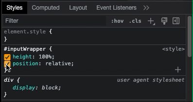 Switch on and off the styles Gif representing how to switch on and off the styles in DevTools